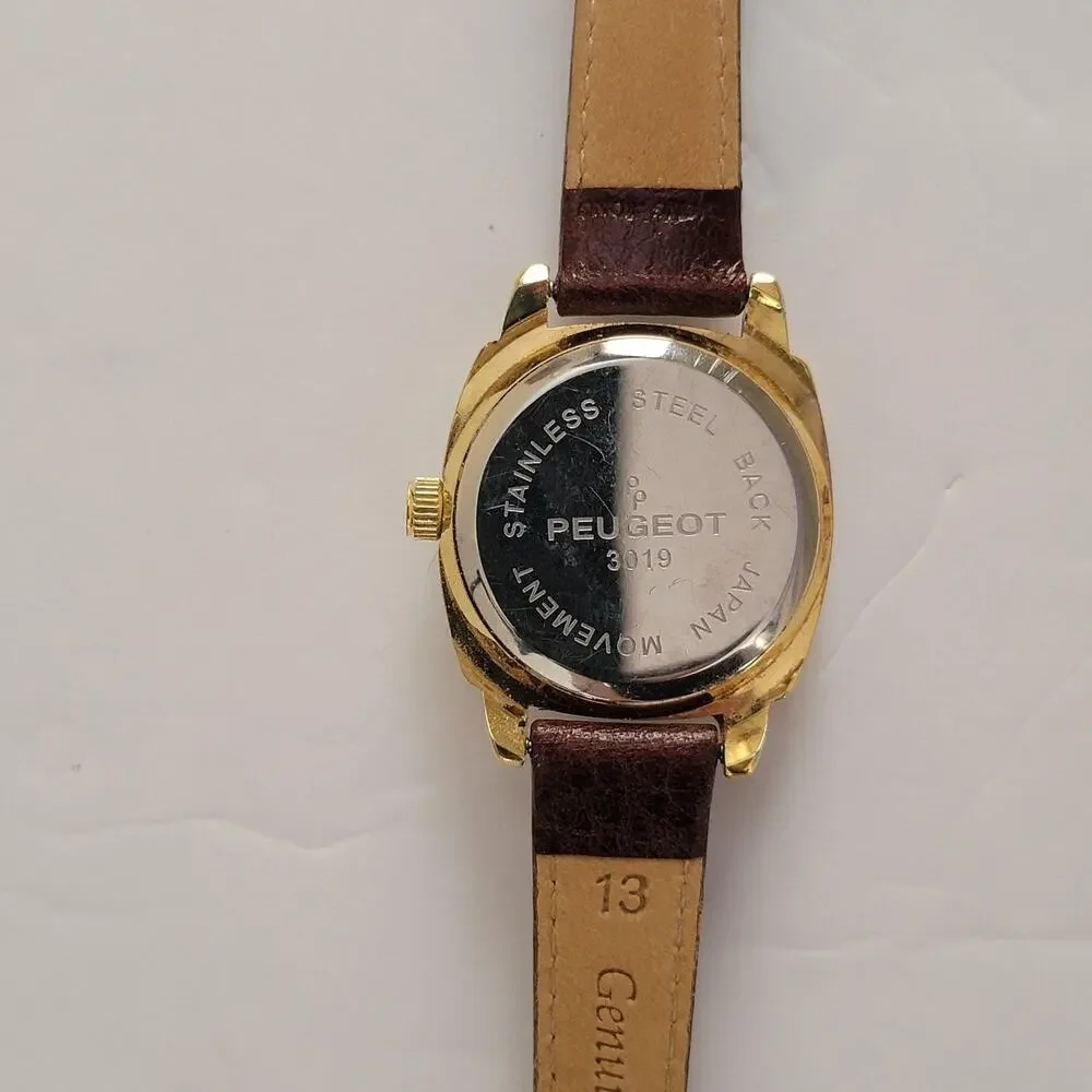 Peugeot Womens Watch 28mm Black Dial Gold Case Brown Leather Strap Dress Quartz